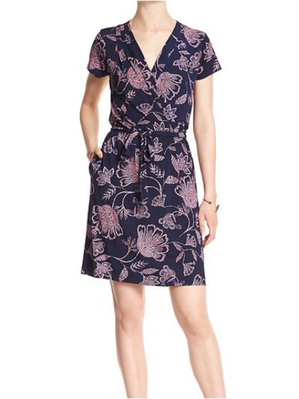 Banana Republic faux wrap dress navy blue & pink floral pullover dress, medium